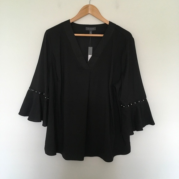 The Limited Top Blouse Black V-neck Sz 1X Stretch Pearl detailed Bell Sleeves - Picture 1 of 13